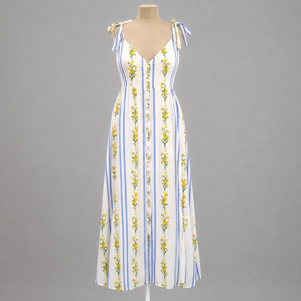 Floral Striped Sleeveless Maxi Dress Size M Blue White Slit Coastal Euro Beach